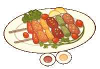 a cartoon drawing of a plate of food with tomatoes and skewers