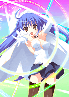a girl with blue hair and white gloves is holding a sword with a purple background that says ' a '