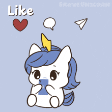 a cartoon of a unicorn holding a cell phone with the word comment above it