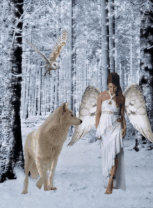 woman girl forest snow wolf