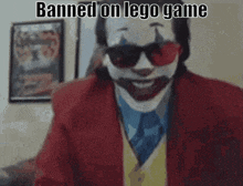 a picture of a clown with the words banned on lego game on it
