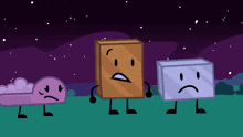 three cartoon characters standing next to each other with sad faces on them
