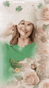 a woman wearing a green shirt and a white hat is surrounded by roses and clovers