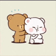 a brown and white teddy bear hugging each other on a beige background .