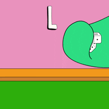 the letter l is on a green and pink background with dice
