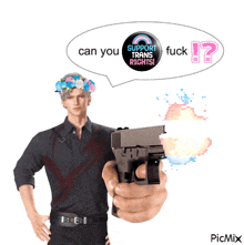 a man with a flower crown on his head is holding a gun in front of a sign that says support trans rights