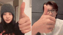 a woman and a man are giving a thumbs up .