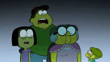a group of cartoon characters are standing next to each other with their mouths open