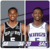 two basketball players from the spurs and kings are standing next to each other