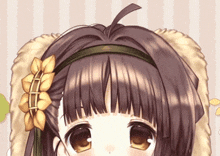 a close up of a girl wearing a headband with flowers on it