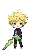 a chibi boy is holding a green umbrella .