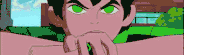 a cartoon character with green eyes is making a funny face