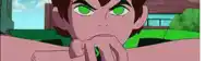 a cartoon character with green eyes is making a funny face