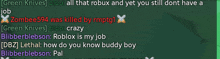 a screenshot of a video game where zombiee594 was killed by rmptg1 and green knives bloo crazy