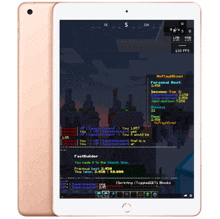 a tablet displaying a minecraft game with fastbuilder on the screen