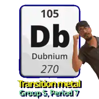 a man stands in front of a periodic table of dubnium 270