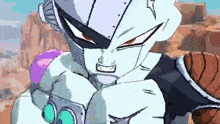 a close up of a cartoon character 's face with a gun in his hand .