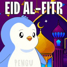 a blue and white penguin is standing in front of a purple background that says eid al-fitr