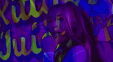 a woman with pink hair is sticking her tongue out in front of a sign that says ice cream
