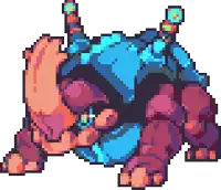 a pixel art drawing of a rhinoceros with a blue armor on