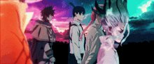 a group of anime characters are standing next to each other with a sunset in the background