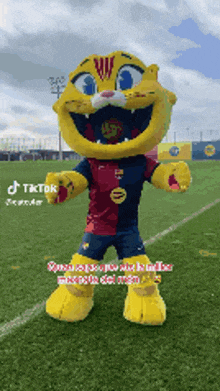 a mascot is standing on a soccer field wearing a fc barcelona jersey .