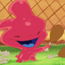 a pink cartoon character is holding a bone