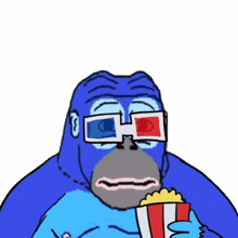 a blue cartoon character wearing 3d glasses eating popcorn