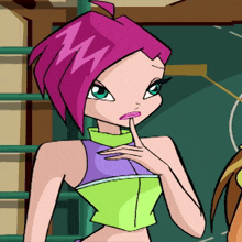 a cartoon girl with pink hair and green eyes has a purple top on
