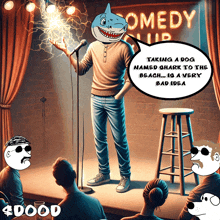 a cartoon of a man with a shark head giving a speech at a comedy club