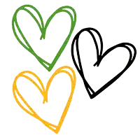 four hearts are drawn in different colors including yellow and green