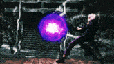 a person standing in front of a purple sphere