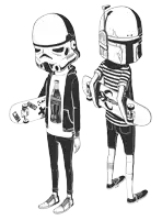 a storm trooper and a boba fett holding skateboards
