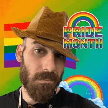 a man with a beard wearing a hat with the words pride month written above him