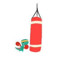 a dinosaur wearing boxing gloves is standing next to a red punching bag