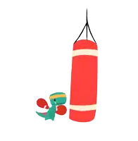 a dinosaur wearing boxing gloves is standing next to a red punching bag