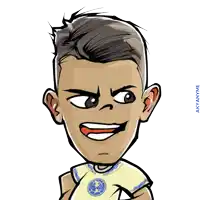 a cartoon of a man wearing a yellow shirt with a blue bird on it