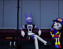 two cartoon characters sitting on a bench one wearing a maid outfit and the other wearing a hat with a flame on it