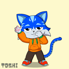 a drawing of a blue cat wearing an orange hoodie and red shoes