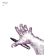 a purple hand is holding a cell phone in its palm .