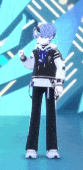 a 3d anime character is standing in front of a blue background and giving a fist bump .