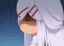 a cartoon character with white hair and red ribbons on her head