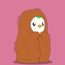 a cartoon of a penguin wrapped in a brown blanket on a pink background