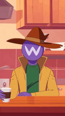 a cartoon character wearing a hat and holding a cup of coffee with the letter w on his face