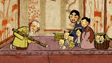 a cartoon drawing of a man holding a pencil surrounded by children