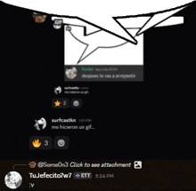 a black screen with a speech bubble that says ' someon3 click to see attachment ' on it