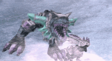 a purple and green monster with sharp teeth is in the water