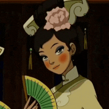 a cartoon of a woman holding a fan with a flower in her hair .