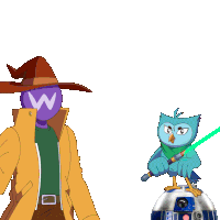 a cartoon character with a w on his face is holding a green light saber