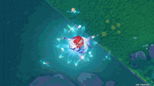 a video game character is floating in the air with a blue flower surrounding her